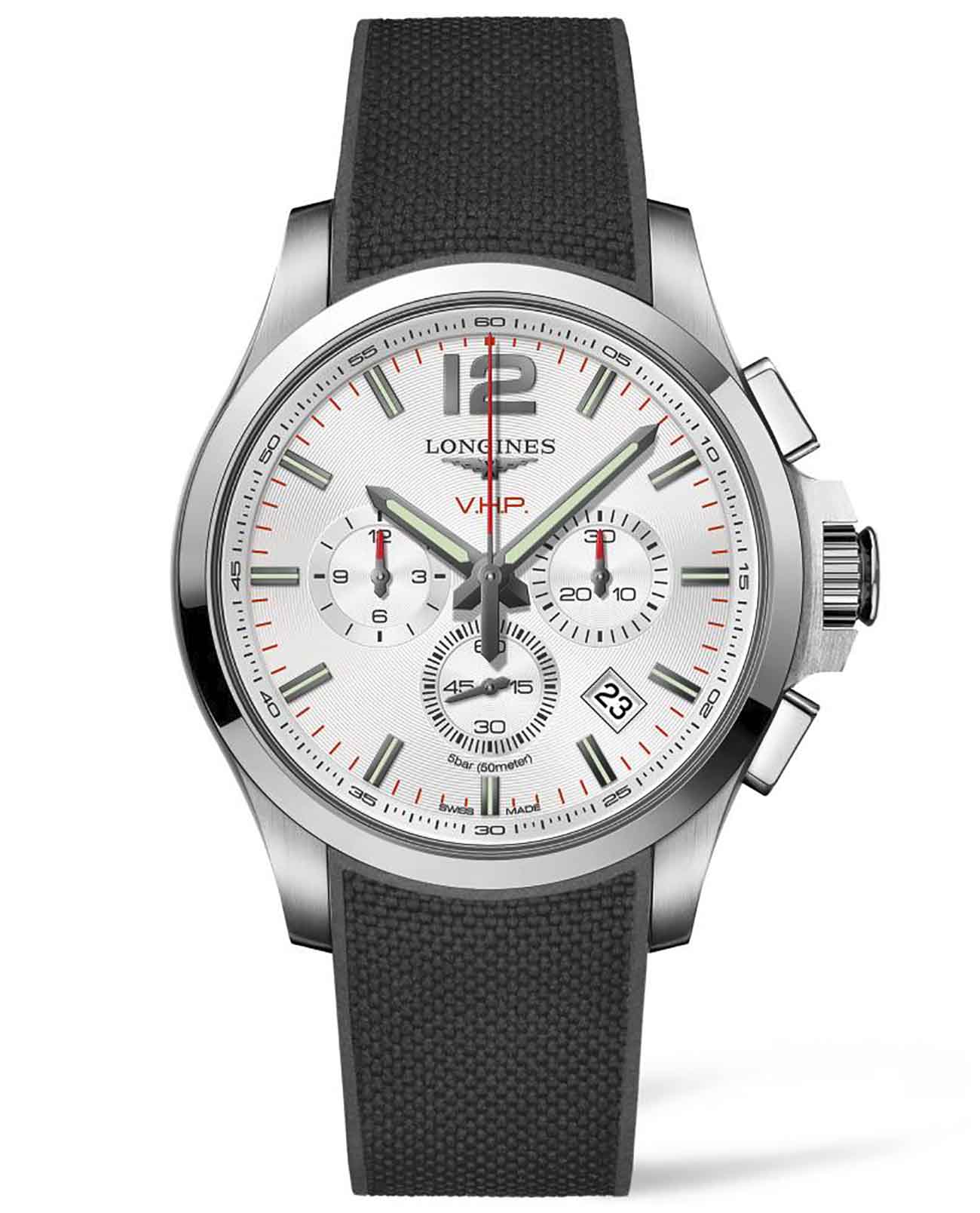 Longines Longines Conquest V.H.P. L3.727.4.76.9  L37274769 кварцевые мужские часы серебристый циферблат, браслет каучук — вид спереди